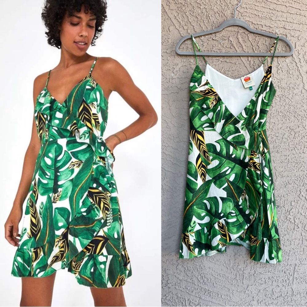 FARM RIO Green Monstera Leaf Tropical Print Ruffle Beaded Tassel Wrap Mini Dress